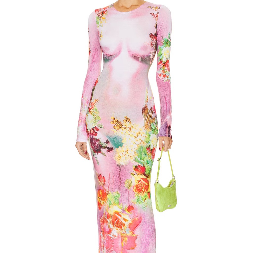 JEAN PAUL GAULTIER FLOWERS PRINTED BODY LONG SLEEVE DRESS PINK